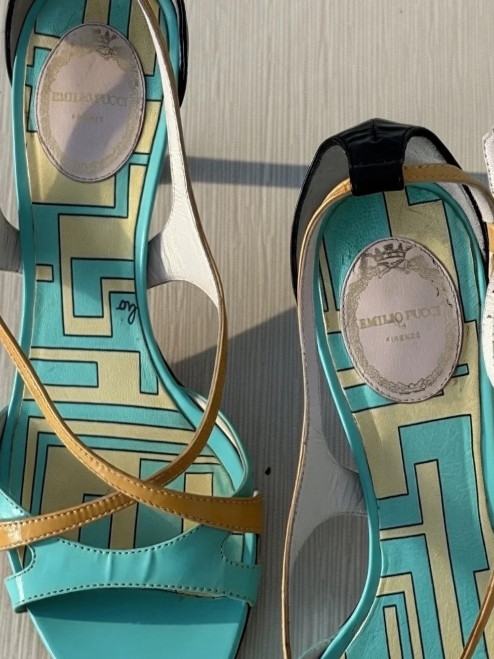 Emilio Pucci Archive Turquoise Gold Leather Sandals EU 36.5 Italy Y2K